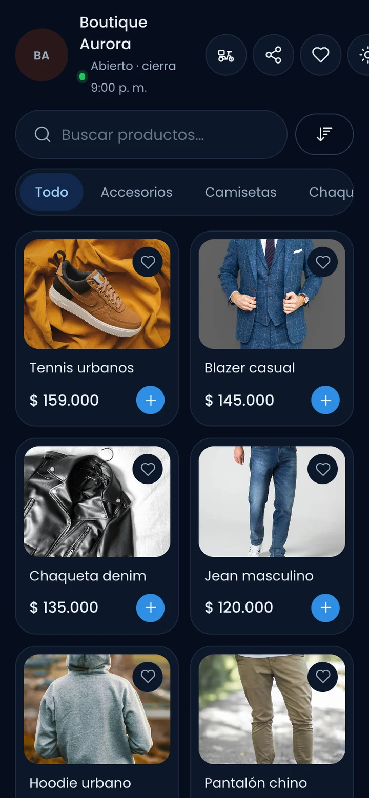 Catálogo digital móvil con productos, categorías y carrito para pedir en línea