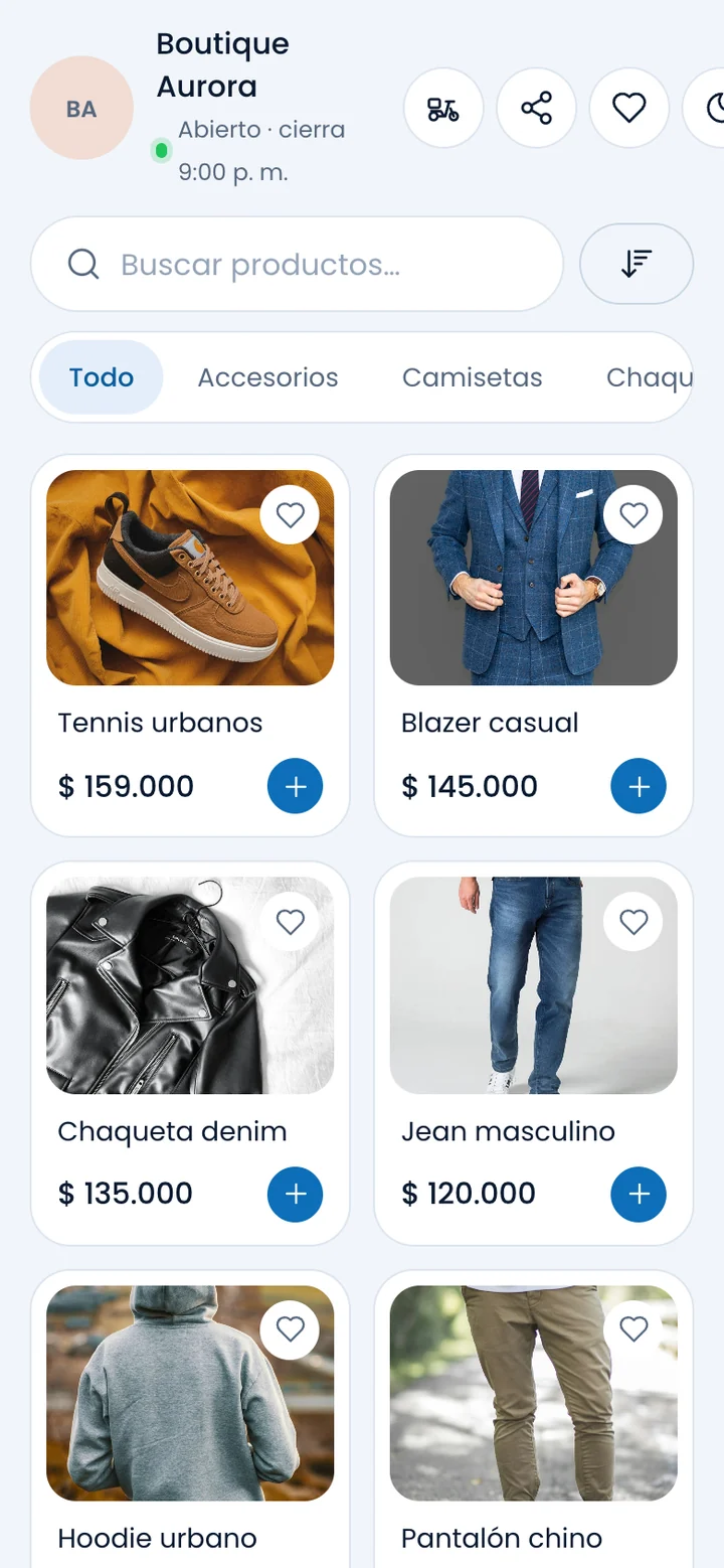 Catálogo digital móvil con productos, categorías y carrito para pedir en línea