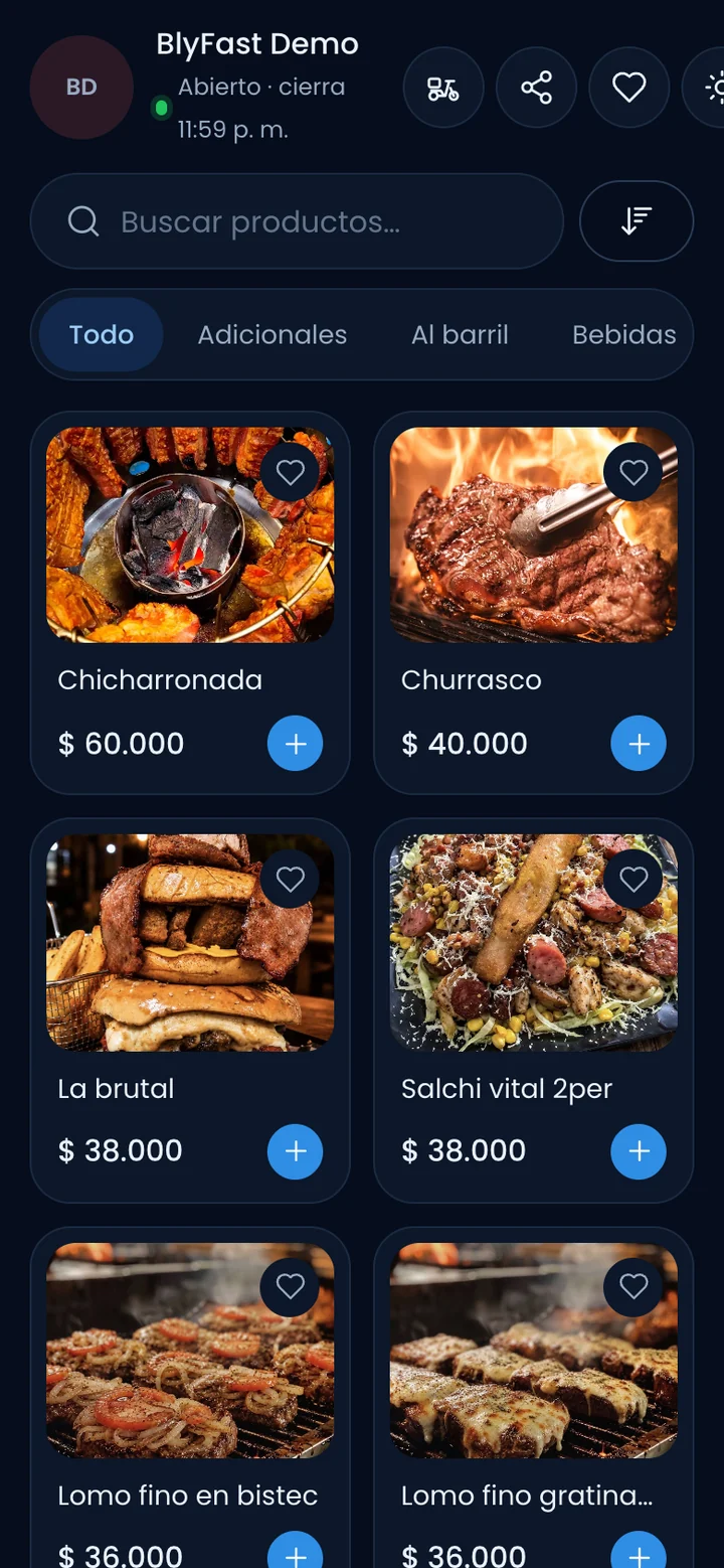Catálogo digital de un restaurante en el celular con productos y carrito