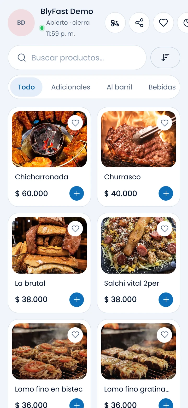 Catálogo digital de un restaurante en el celular con productos y carrito